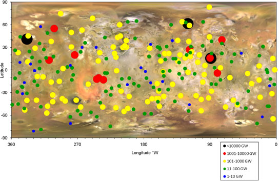 Emisiones térmicas de las erupciones en Io